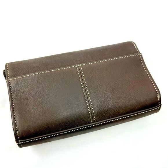 Fossil Brown Leather Exposed Stitch Trifold Crossbody Organizer Wallet Mini Bag - Picture 14 of 16